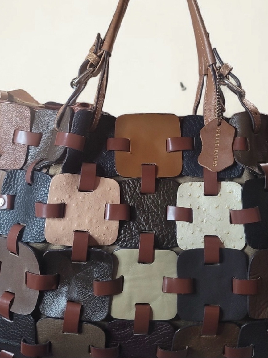 Beautifully Designed Patchwork Leather Tote Bag - Brown Multi